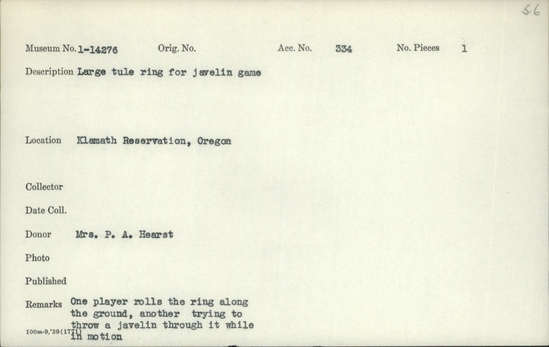 Documentation associated with Hearst Museum object titled Tule ring, accession number 1-14275, described as Eye - shade (crownless hat) of tule.