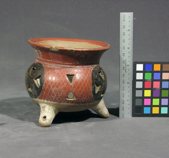 Hearst Museum object titled Incense burner, accession number 3-10833, described as Incense burner, 3 legs, black, white, red on buff; height 111 mm.