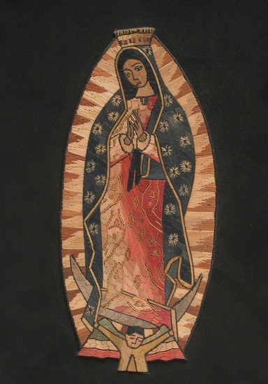 Hearst Museum object titled Straw painting, accession number 3-29161b, described as Mosaic. Very thin, small strips of colored straw glued to black mat board to form a picture of the Virgin of Guadalupe; marked by subtle shadings and a variety of muted colors. One of two mosaics.