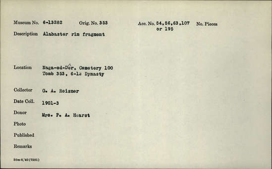 Documentation associated with Hearst Museum object titled Vessel fragment, accession number 6-13282, described as Alabaster rim fragment.