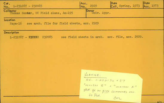 Documentation associated with Hearst Museum object titled Fishhook, accession number 1-231709, described as Problematical"; "possible fishook".