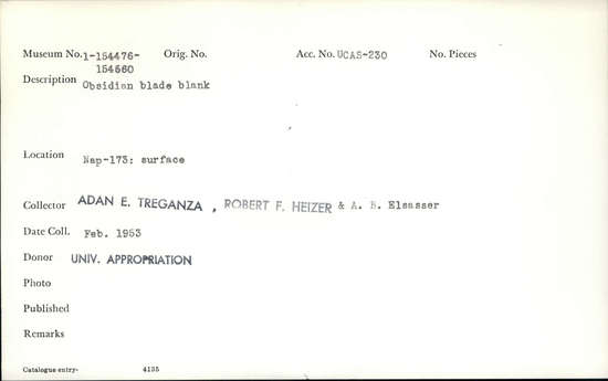 Documentation associated with Hearst Museum object titled Blade, accession number 1-154490, described as Obsidian blade blank.