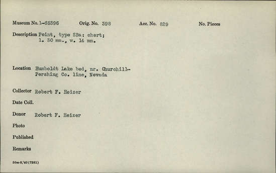 Documentation associated with Hearst Museum object titled Point, accession number 1-65396, described as Type SBa: chert