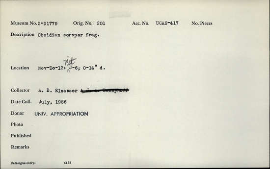 Documentation associated with Hearst Museum object titled Scraper fragment, accession number 2-31779, described as Obsidian.