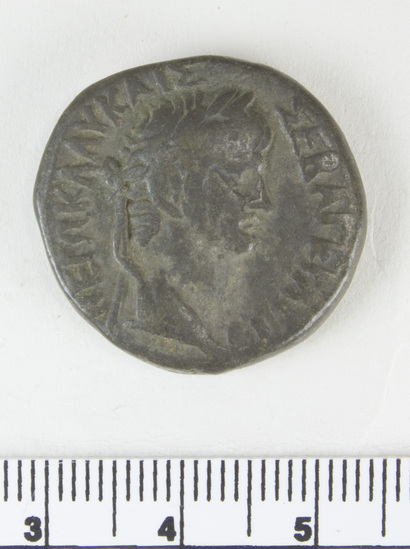 Hearst Museum object 2 of 6 titled Coin: billon tetradrachm, accession number 6-22556, described as Head of Nero, r., laureate