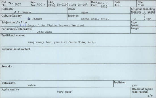 Documentation associated with Hearst Museum object titled Audio recording, accession number 24-2407, described as Song of the Vigita Harvest Festival #4