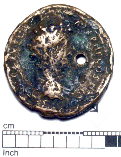 Hearst Museum object 2 of 8 titled Coin: æ as, accession number 8-6092, described as Coin; Æ; aes grave; as; Antoninus Pius (M. Aurelius) - 10.06 grams. Obverse: ANTONINVS AVG [PIVS]P[P] - Head laureate, facing right. Reverse: AVRELIVS CAES AVG PII F COS DES, SC in exergue - Bust draped facing right, head bare.