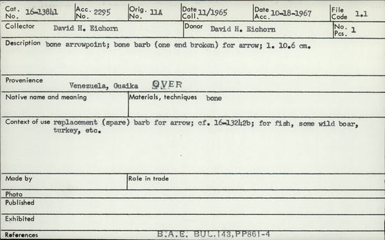 Documentation associated with Hearst Museum object titled Arrowhead, accession number 16-13841, no description available.