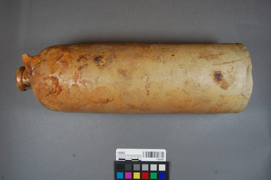 Hearst Museum object titled Bottle, accession number 1-252422, described as light brown glazed earthenware beer bottle