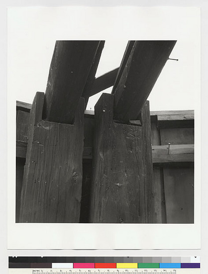 Hearst Museum object titled Black-and-white negative, accession number 15-20265, described as Roundhouse, during reconstruction of new roof, showing joints of double rafters