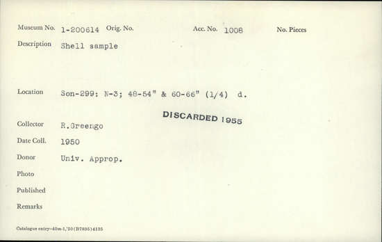 Documentation associated with Hearst Museum object titled Shell sample, accession number 1-200614, described as Shell sample