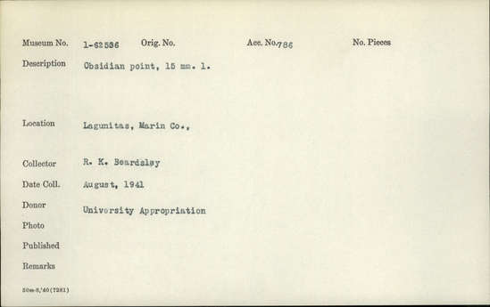 Documentation associated with Hearst Museum object titled Point, accession number 1-62536, described as obsidian point, 15 mm l