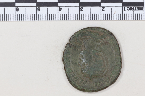 Hearst Museum object 8 of 8 titled Coin: æ sestertius, accession number 8-6166, described as Coin: Sestertius; Æ; Otacilia - 15.59 grams. Obverse: MARCIA OTACIL SEVERA AVG - Bust facing right, draped, diademed. Reverse: [P]VDICITIA, SC in exergue - Pudicitia veiled, seated facing left with right hand drawing veil, scepter in left hand.