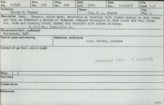 Documentation associated with Hearst Museum object titled Bowl, accession number 2-8460, described as Bowl. Ceramic, white ware; decorated on interior with linear design in dark brown and red; on exterior a design of diagonal stepped triangles in dark brown and red, brown rim, base and framing lines; broken and repaired with pieces missing. Clay, molded, painted. Height 7.0 cm.; diameter 18.1 cm.