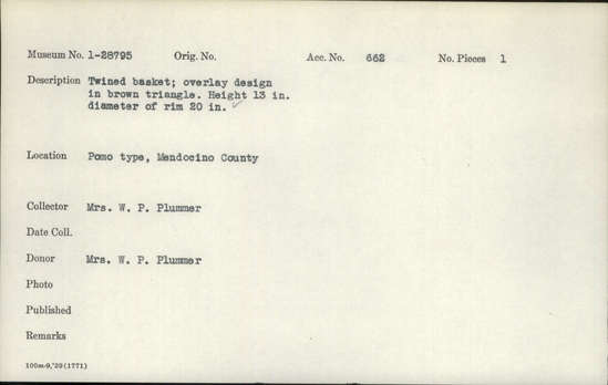 Documentation associated with Hearst Museum object titled Basket, accession number 1-28795, described as Twined. Overlay design in brown triangle.