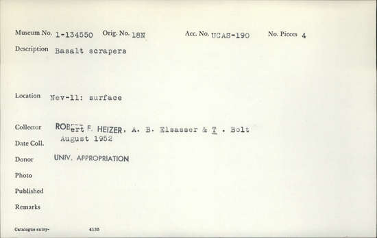 Documentation associated with Hearst Museum object titled Scrapers, accession number 1-134550, described as Basalt scrapers.