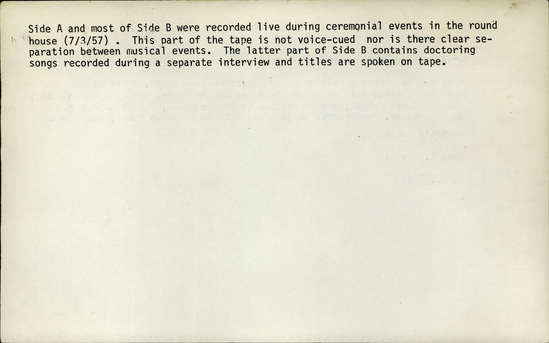 Documentation associated with Hearst Museum object titled Audio track, accession number 24-133.A.1, described as Tape. Kashaya songs: 3 Feather Dance songs, Feather dance, entrance song for Feather dance song, ditto all, Young Girl’s song, Girl’s Dance, ending “Table Dance”, another “Table Dance”, ending prelude to Doctor Dance, Doctor Dance, Lulumo Dance, Big Head dance. Performed by Essie and Sid Parrish, Johnnie Smith, Liz Sheridan.