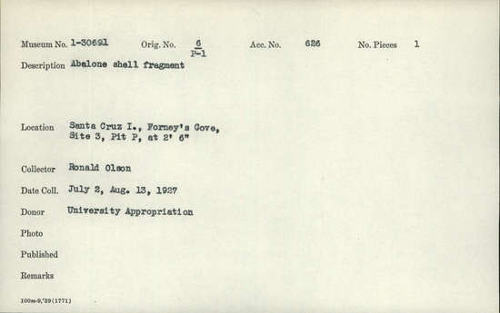 Documentation associated with Hearst Museum object titled Shell fragment, accession number 1-30691, described as Abalone.