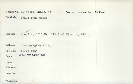 Documentation associated with Hearst Museum object titled Wedge, accession number 1-128691, described as Whale bone wedge. Notice: Image restricted due to its potentially sensitive nature. Contact Museum to request access.