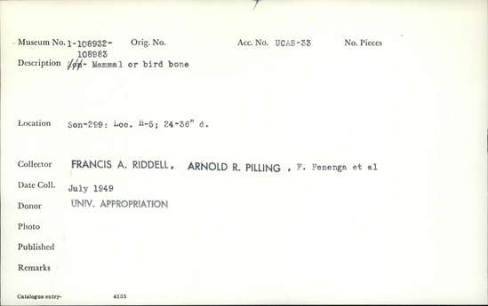 Documentation associated with Hearst Museum object titled Faunal remains, accession number 1-108944, described as Mammal or bird.