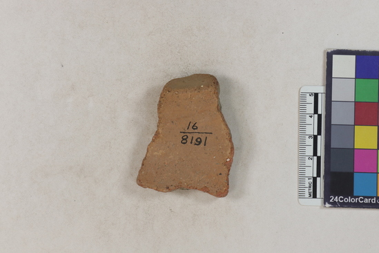 Hearst Museum object 94 of 160 titled Potsherd, accession number 16-8191, described as Potsherd: rims Section of Manta on beach currently inhabited. Numbers  8111 to 8194 are sherds picked up on beach at low tide.