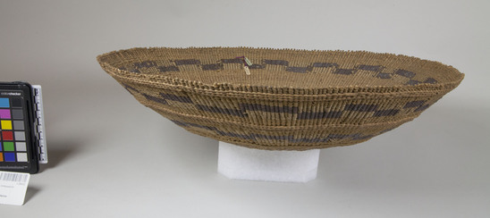 Hearst Museum object 2 of 4 titled Basket, accession number 1-28432, described as Twined basket tray.  3 brown bands in design.