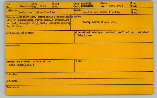Documentation associated with Hearst Museum object titled Effigy jar, accession number 16-18195, described as Effigy jar, zoomorphic; squatting dog in black ware; strap handle with modeled animal; damaged ring base, damaged spout; height: 16 cm.