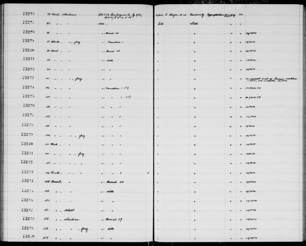 Documentation associated with Hearst Museum object titled Blade, accession number 1-73229, described as Obsidian blade.