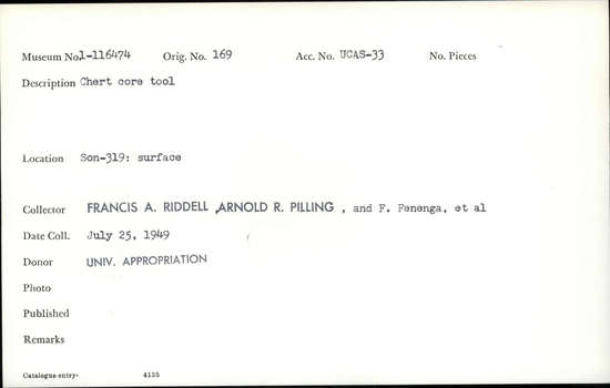 Documentation associated with Hearst Museum object titled Worked stone, accession number 1-116474, described as Chert core