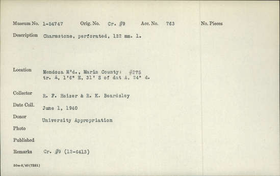 Documentation associated with Hearst Museum object titled Charmstone, accession number 1-54747, described as Perforated charmstone Notice: Image restricted due to its potentially sensitive nature. Contact Museum to request access.