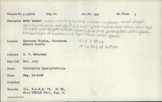 Documentation associated with Hearst Museum object titled Cradle, accession number 1-16573, described as Baby basket. Used. Starting to come unsewn in places. Oval shape. Open twined work. Groups of 2, 3, and 4 plain-twined rows. Sewn rim. Top wrapped with striped taffeta ribbon and pink polka-dotted white gauze. Ties and loops of buckskin and light brown cotton gauze.