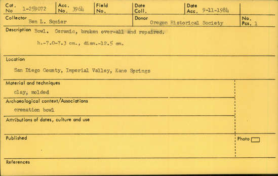 Documentation associated with Hearst Museum object titled Bowl, accession number 1-259072, described as Bowl, ceramic, broken over all and repaired.