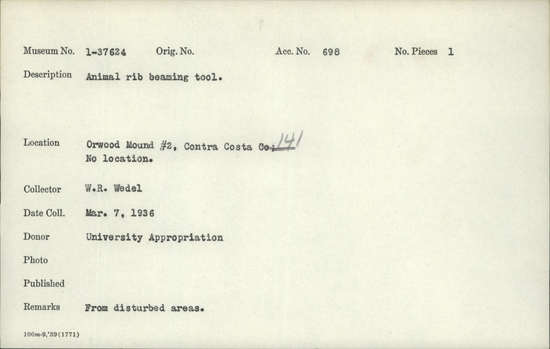 Documentation associated with Hearst Museum object titled Worked bone, accession number 1-37624, described as Animal rib beaming tool.