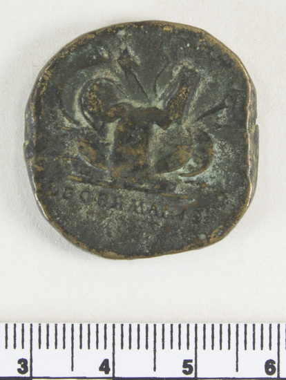 Hearst Museum object 7 of 7 titled Coin: æ sestertius, accession number 8-6228, described as Coin: Sestertius; Æ; Marcus. Aurelius - 25.12 grms. Obverse: M ANTONINVS AVG     GERM[SARM TRP] XXXI - Head facing right, laureate. Reverse: [IMP VIII COSIII PP] [SC] - Pile of arms; beneath: DE GERMANIS.