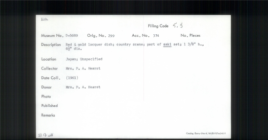 Documentation associated with Hearst Museum object titled Bowl, accession number 9-5689, described as Red and gold lacquer dish; country scene. part of saki set.
