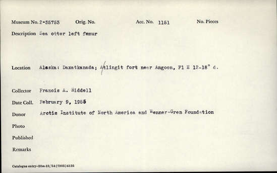 Documentation associated with Hearst Museum object titled Mammal bone, accession number 2-35753, described as Sea otter, left femur.