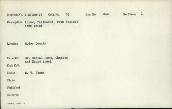 Documentation associated with Hearst Museum object titled Arrow, accession number 1-27294, described as Feathered. With incised bone point.