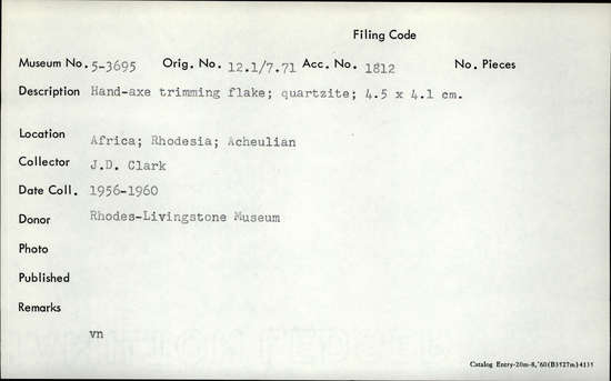 Documentation associated with Hearst Museum object titled Handaxe, accession number 5-3695, described as Hand-axe trimming flake; quartzite; 4.5 x 4.1 cm.