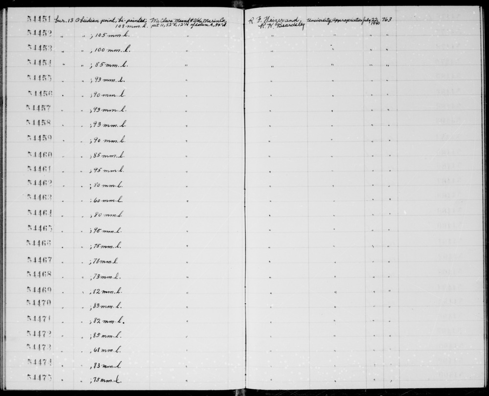 Documentation associated with Hearst Museum object titled Point, accession number 1-54458, described as Obsidian point, bi-pointed. Notice: Image restricted due to its potentially sensitive nature. Contact Museum to request access.