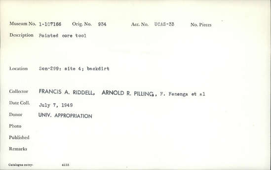 Documentation associated with Hearst Museum object titled Worked stone, accession number 1-107166, described as Pointed core tool