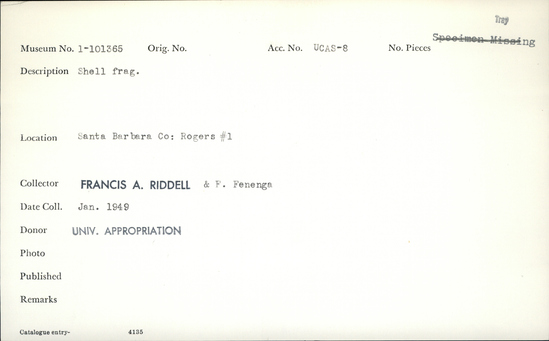 Documentation associated with Hearst Museum object titled Shell fragment, accession number 1-101365, described as Shell fragment