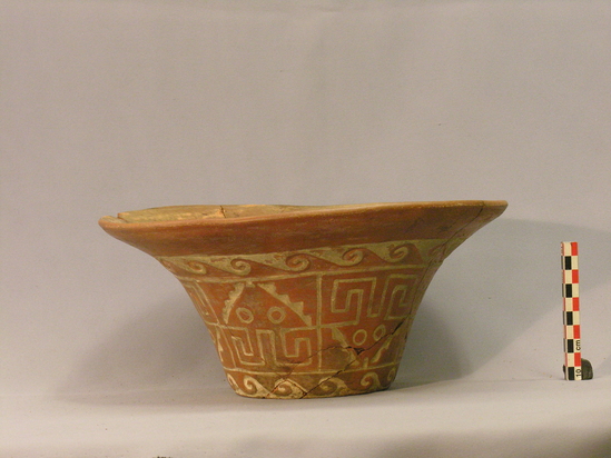 Hearst Museum object 1 of 7 titled Bowl, accession number 4-3275, described as Large jar, part red, white neck, white heron-like birds in relief, and white lattice design