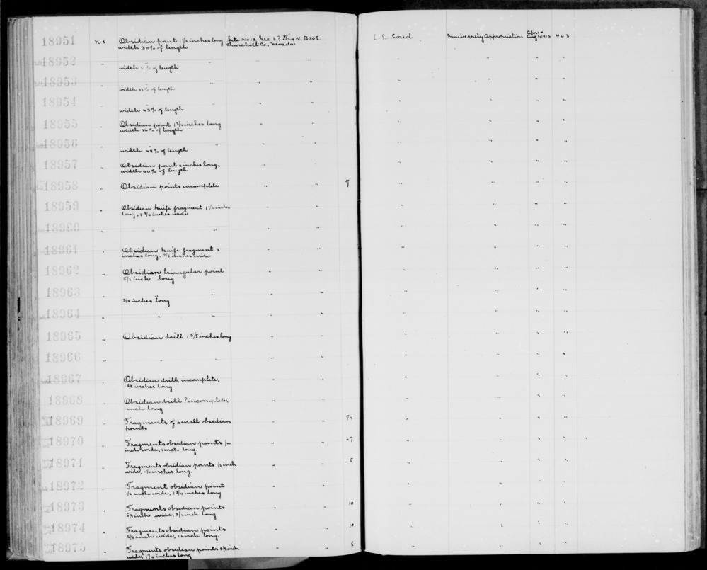 Documentation associated with Hearst Museum object titled Knife, accession number 1-18959, described as Obsidian.