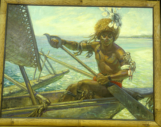 Hearst Museum object titled Oil painting, accession number 17-595, described as Iomai". Melanesian man (Iomai) in outrigger canoe. Dimensions framed: Height: 41 in, Width/breadth: 52 in; 1.16 M x 87.5 cm Pyroengraved bamboo frame