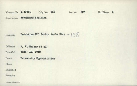 Documentation associated with Hearst Museum object titled Needle, accession number 1-49914, described as Fragments obsidian