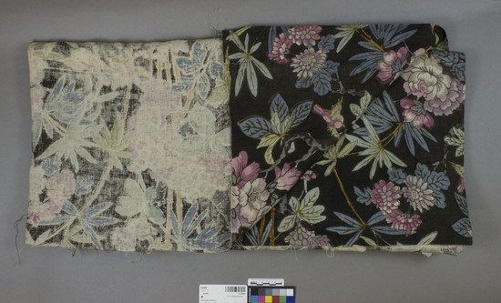 Hearst Museum object titled Textile, accession number 2-62600, described as Strip, linen?, plain weave, printed, black ground, varicolored designs, fruit, floral and bird motives