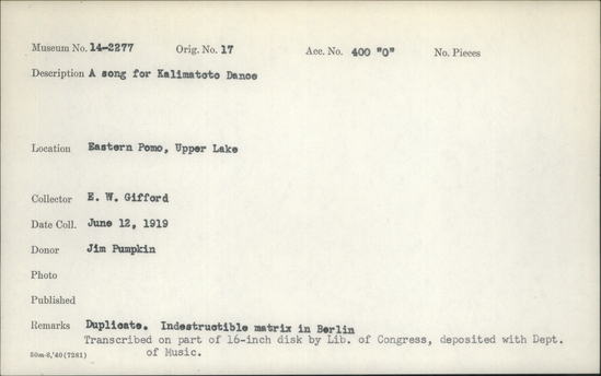 Documentation associated with Hearst Museum object titled Wax cylinder recording, accession number 14-2277.1, described as A Song for the Kalimatoto Dance; Original