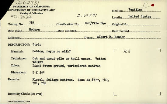 Documentation associated with Hearst Museum object titled Textile, accession number 2-62531, described as Strip; cotton, rayon or silk?, cut and uncut pile on twill weave, voided velvet, floral and foliage motives, same as 779, 780, 781, and 782