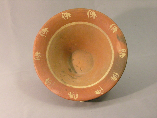 Hearst Museum object 3 of 4 titled Bowl w/ base, accession number 4-3162, described as Flaring flat-bottomed bowl with base containing rattles, birds on lip