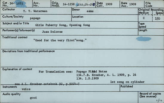 Documentation associated with Hearst Museum object titled Audio recording, accession number 24-1683, described as Girls' Puberty Song, Opening Song